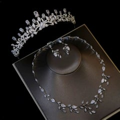 Crystal Cubic Zirconia Necklace Earrings and Tiara Crown Water Drop Leaves Set