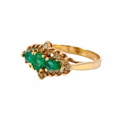 Vintage Emerald and Diamond 3-Stone Gold Ring Fine Estate Jewelry