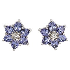 Vintage Tanzanite and Diamond Gold Cluster Stud Earrings Fine Estate Jewelry