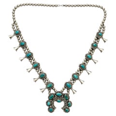 Vintage Native American Turquoise Sterling Silver Navajo Squash Blossom Necklace