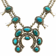Vintage Native American Turquoise Sterling Silver Navajo Squash Blossom Necklace