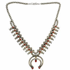 Vintage Native American Coral Sterling Silver Navajo Squash Blossom Necklace