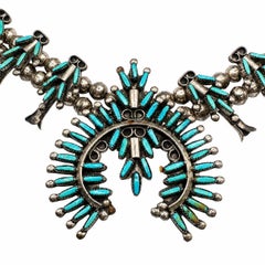Vintage Native American Turquoise Sterling Silver Navajo Squash Blossom Necklace