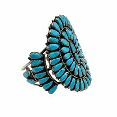 Vintage Native American Zuni Petit Point Turquoise Sterling Silver Cuff Bracelet
