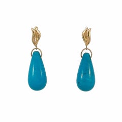 Vintage Teardrop Turquoise Gold Drop on Hoop Earrings Fine Estate Jewelry