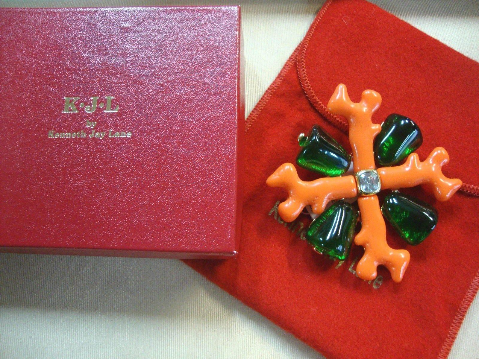 Exquisite KJL for Kenneth Jay Lane Faux Coral, Emerald and Faux Diamond in center Maltese Cross Brooch; approx. 3.25