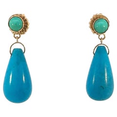 Vintage Teardrop Turquoise and Round Green Turquoise Gold Drop Earrings