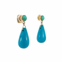 Vintage Teardrop Turquoise and Round Green Turquoise Gold Drop Earrings