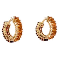 Citrine and Garnet Double Sided Gold Hoop Vintage Earrings Fine Estate Jewelry