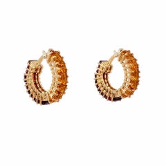Citrine and Garnet Double Sided Gold Hoop Vintage Earrings Fine Estate Jewelry