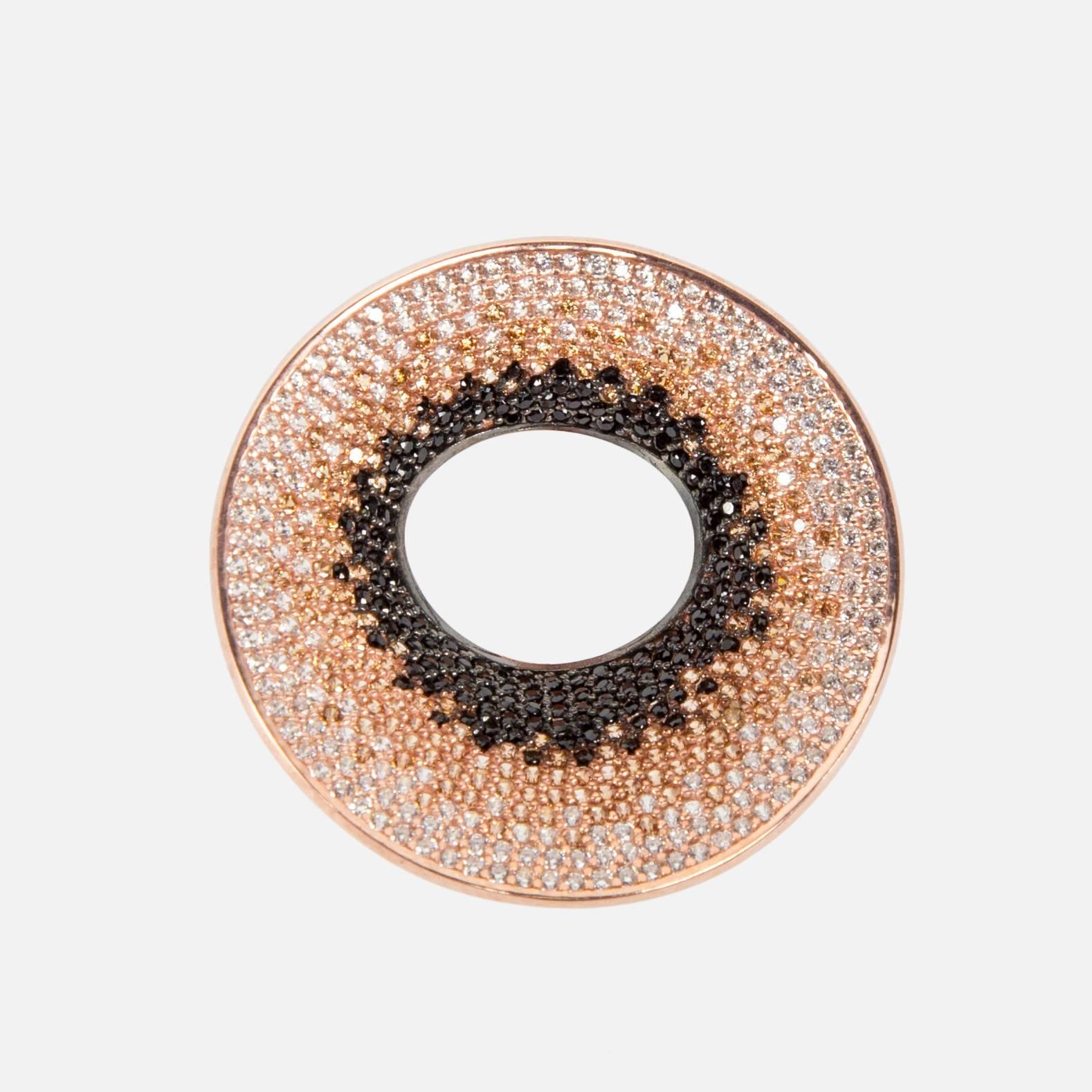 Outstanding Runway Crater Ring Glistening in pave set white, gold and black CZ Cubic Zirconium; beautifully crafted in Sterling Silver with Rose Gold finish. Marked: 925. For the fashionably fearless, providing a rare blend of elegance and edge! 

