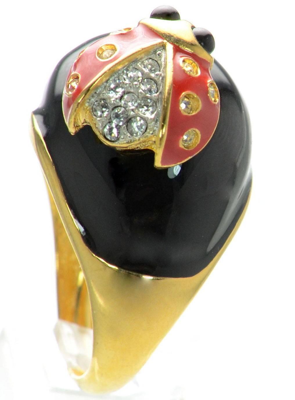 Exceptional Ladybug Statement Ring Red and Black enamel; set with Sparkling Faux Diamonds by Kenneth J Lane; Size 9.5; Signed: KJL MADE IN USA. Add Pizazz, Glamor and Fun to your Outfit!
