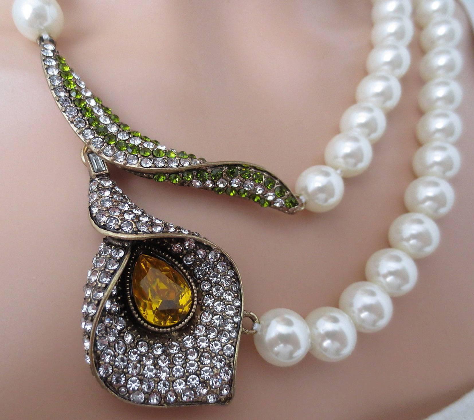 Rare Oscar De La Renta Signed Runway Jeweled Flower Calla Lily Pearl Necklace 1