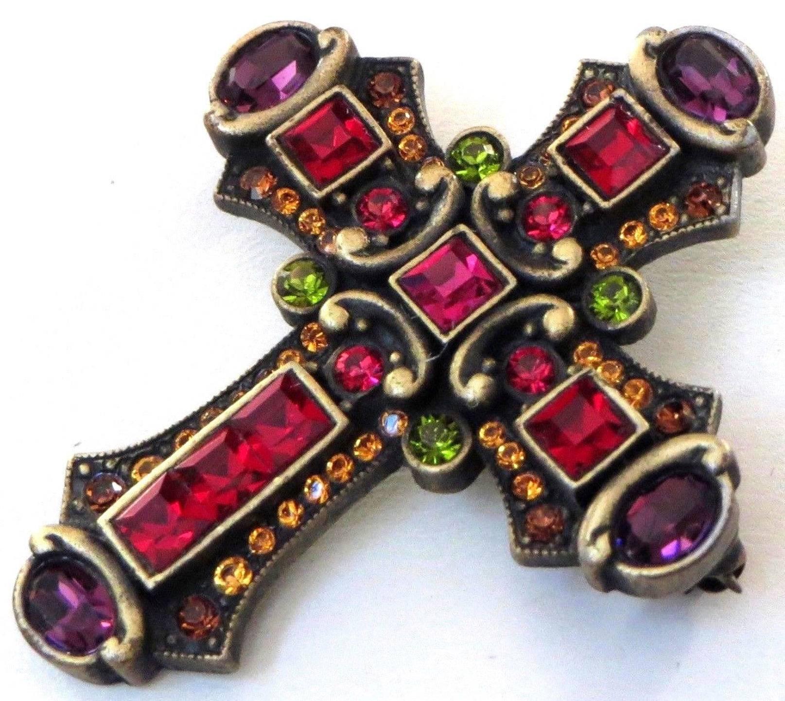 Exquisite Faux Multi-Gem Crystals Statement Cross Pin by Iconic Designer JAY STRONGWATER; set with Brilliant Red, Purple, Green, and Golden Rhinestone Embellishments. Signed in Cartouche on Reverse: JAY STRONGWATER; So Collectible and Outrageously
