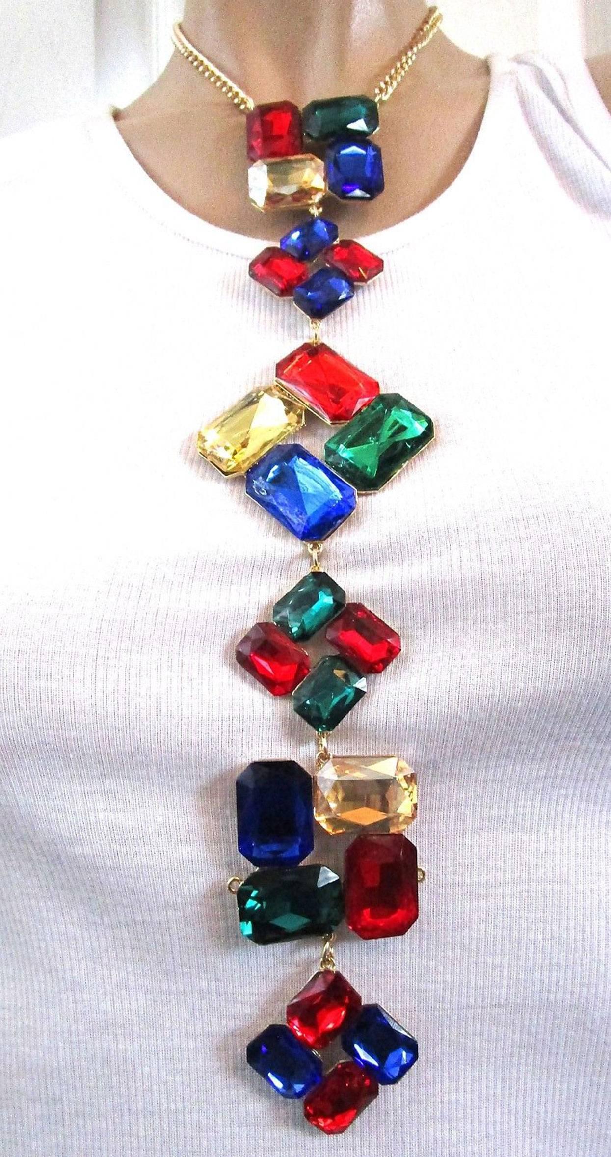 Sensational Runway Necklace set with huge square panels of colorful Faux Gem glass and Resin, rhinestones; the largest section having a lighter tint and being resin, the rest are all glass; massive 12 inch drop; gold tone setting; approx.  21.5