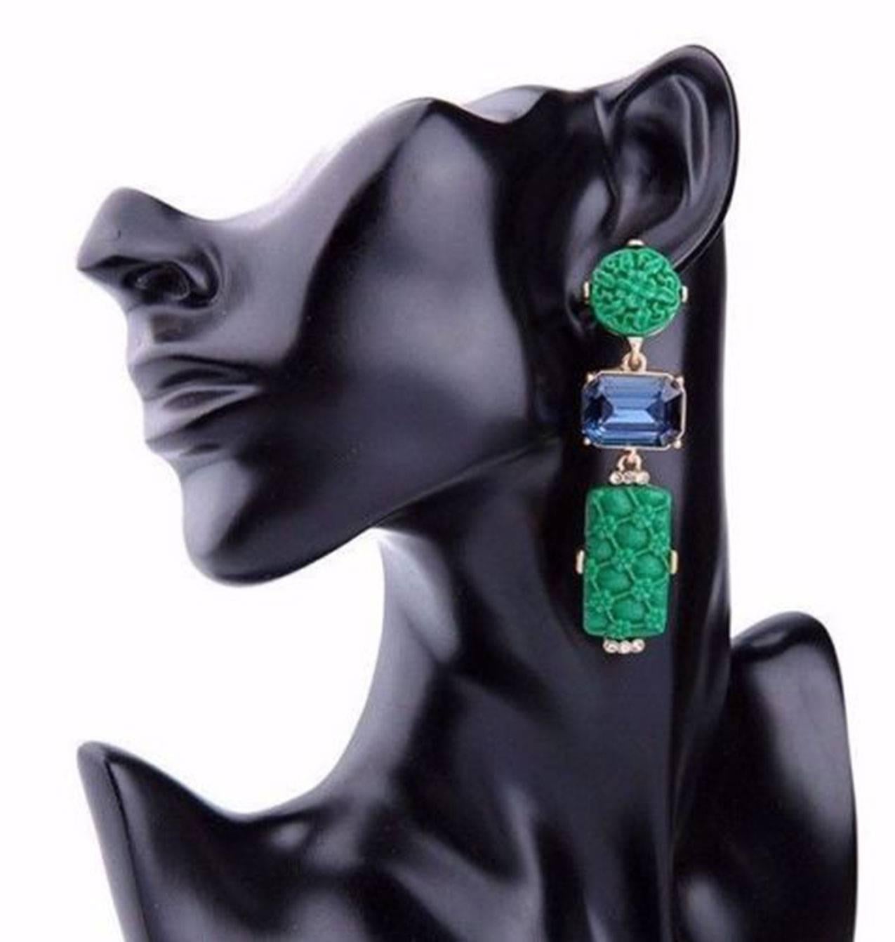 Contemporary Festive Faux Green Jade and Faux Blue Sapphire Statement Dangle Earrings