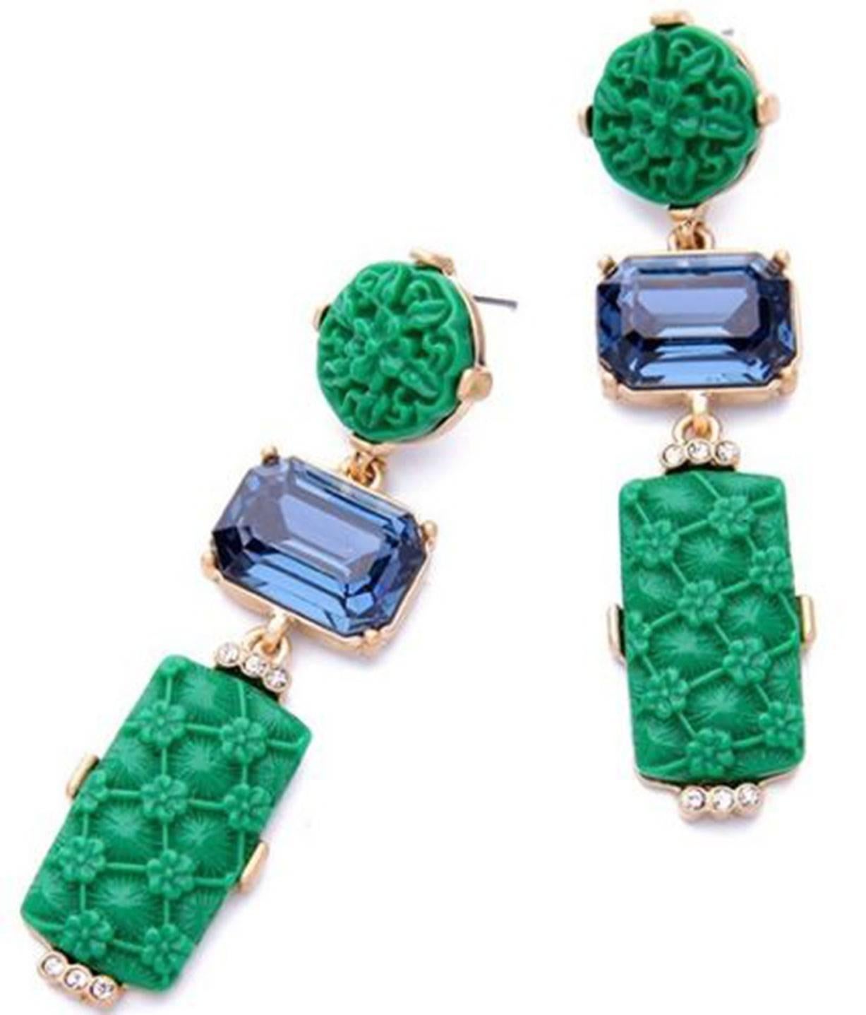 Beautiful Green and Blue Faux Gem Runway Earrings; Green molded Flower Resin and Faux Emerald cut Sapphires; Gold Tone Metal and Post for pierced ears. Striking Festive Show Stopper… Illuminating your Look with a touch of Class! 
