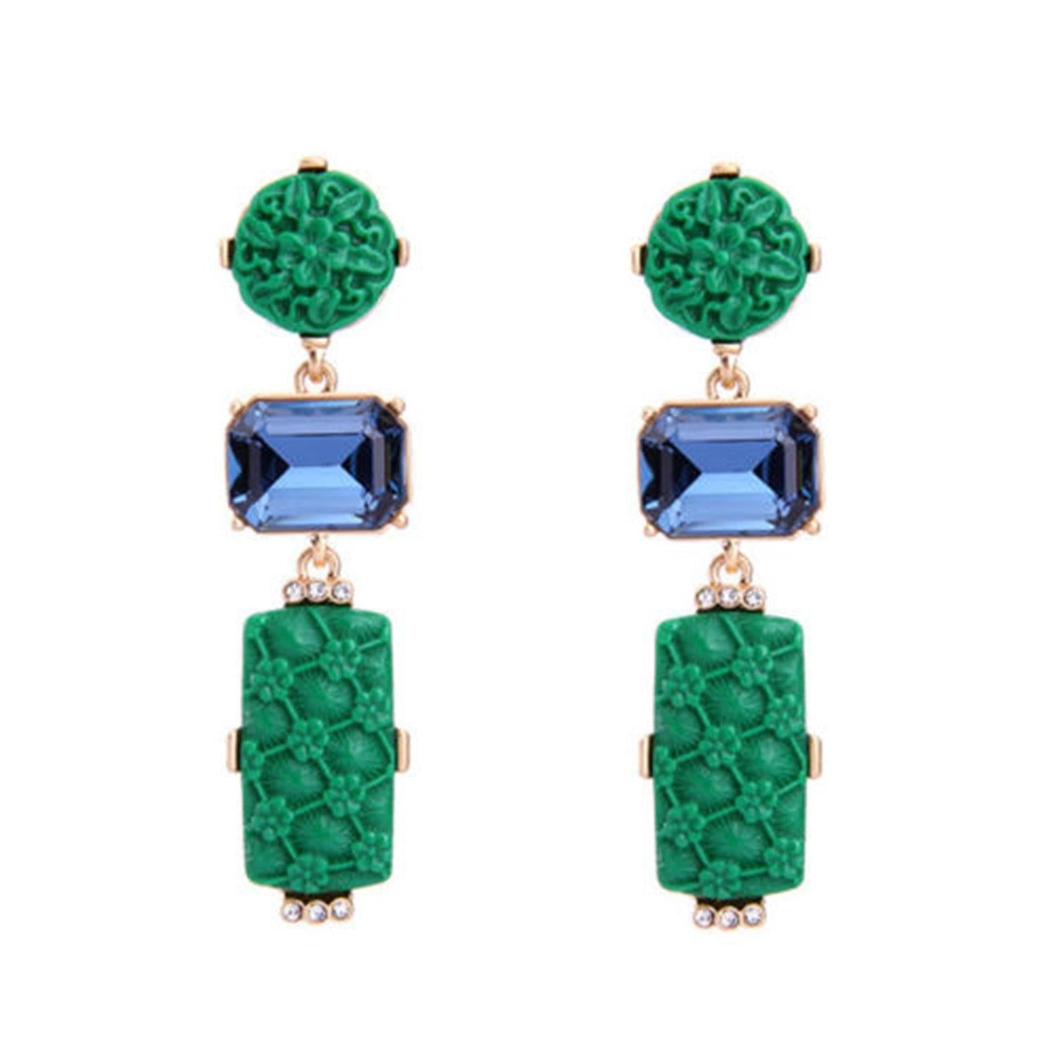 Festive Faux Green Jade and Faux Blue Sapphire Statement Dangle Earrings