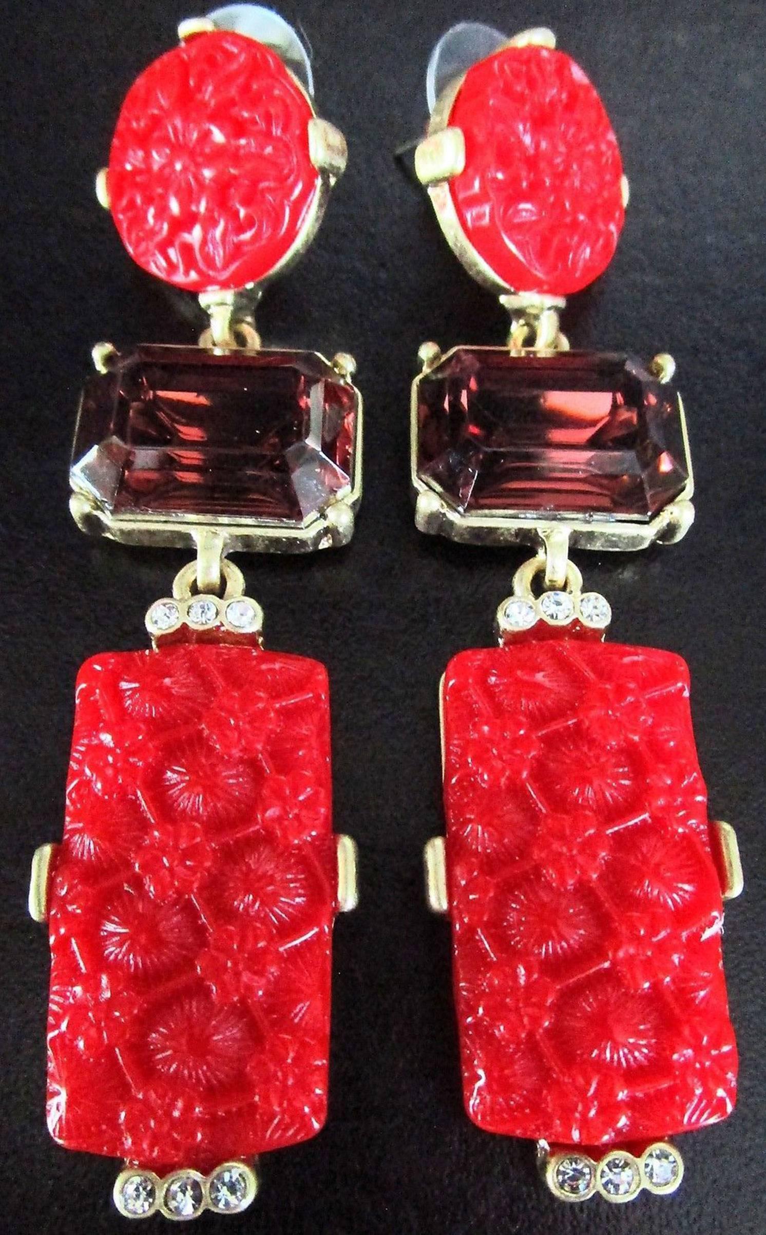 Beautiful Red Faux Coral Flower and Faux Gem Runway Earrings; Red molded Resin and Faux Emerald cut Gems; Gold Tone Metal and post for pierced ears. Striking Festive Show Stopper… Illuminating your Look with a touch of Class! 

