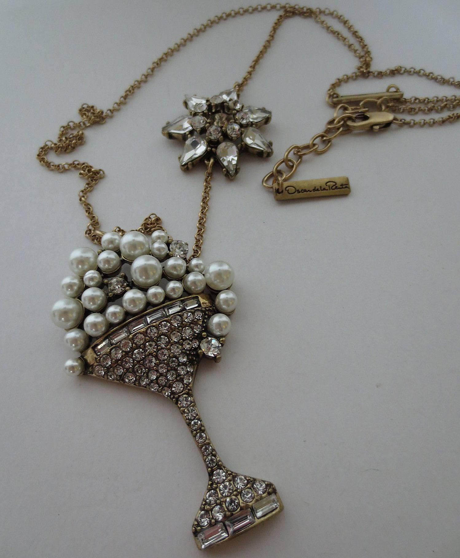 Vintage signed Oscar de la Renta Statement Designer Necklace featuring a large Jeweled champagne glass filled with bubbles of faux Pearls and Jewels; approx. sizes: necklace 33