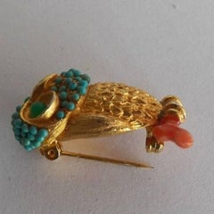 Cadoro Signed Faux Jade Turquoise Owl on Coral Branch Brooch Pin