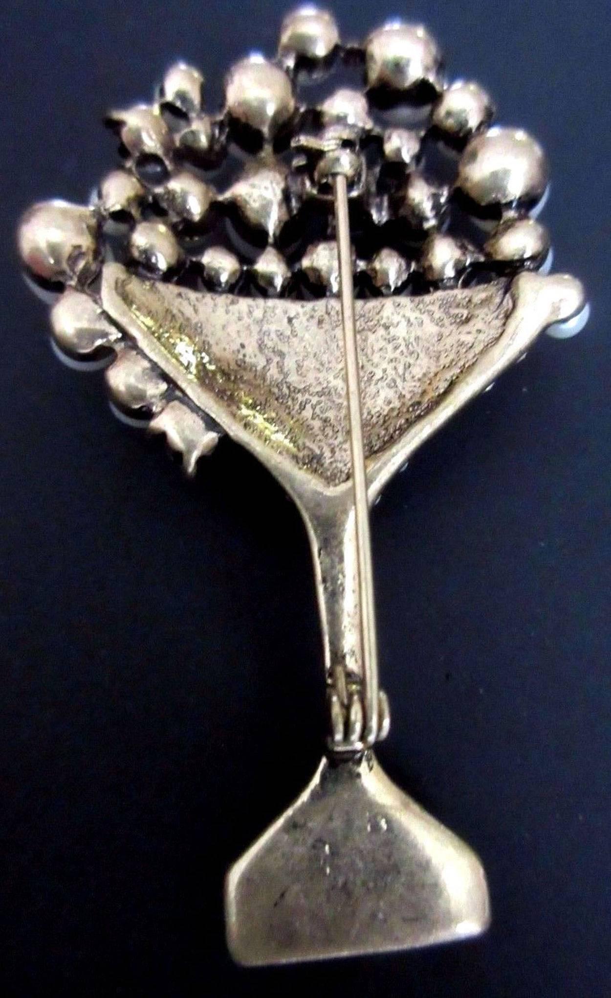 Fabulous Faux Pearl Bubbles and Sparkling Ice Rhinestone Champagne in a Glass Runway Brooch; antiqued gold plate; approx. 3 inches long; Fun and Fabulous as You are! 
