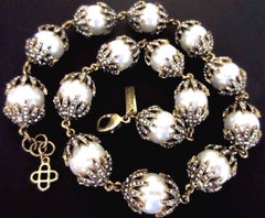 Oscar De La Renta Signed Faux Pearl and Faux Diamond Statement Necklace