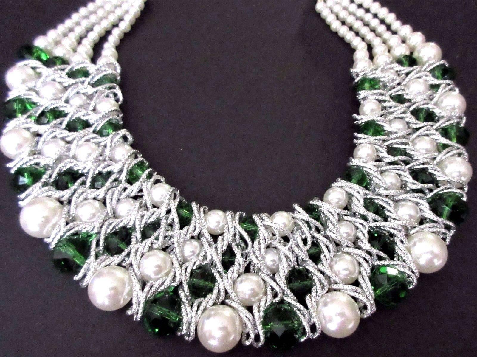 Stunning Faux Pearl, Emerald Green and Clear Crystal Caged Festive Stand-out Runway Necklace; Silver Tone; Add your own Chic Style and Pizzazz to any outfit! 
