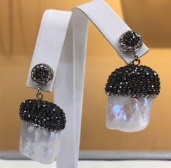 Luscious Baroque Pearl and Faux Diamond Sterling Silver Runway Drop Earrings
