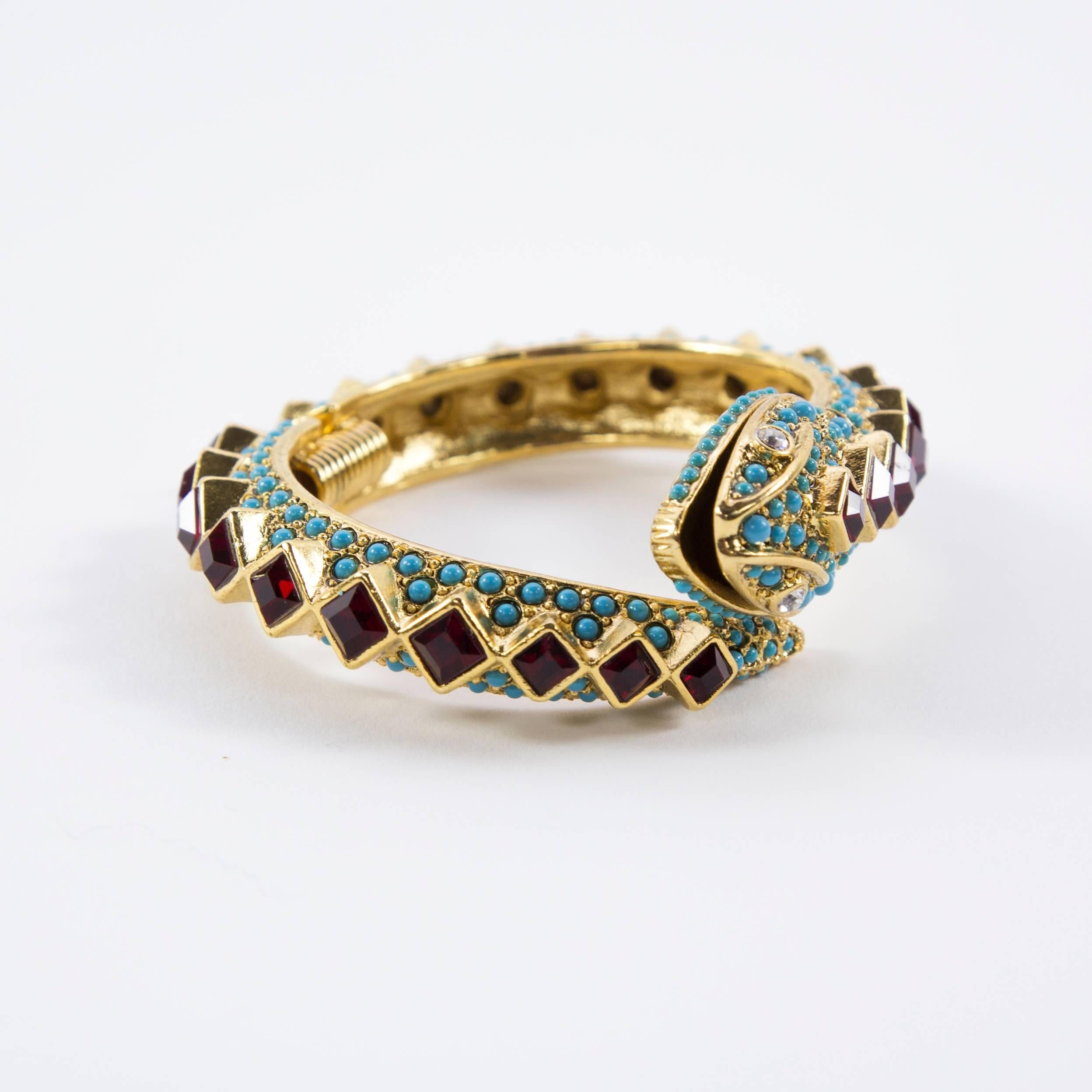 Contemporary Kenneth Lane KJL Faux Ruby Turquoise Snake Statement Cuff Bracelet
