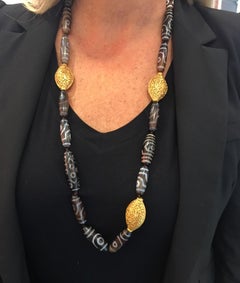 Old Tibet Dzi Agate Beads and Gilt Silver Statement Necklace