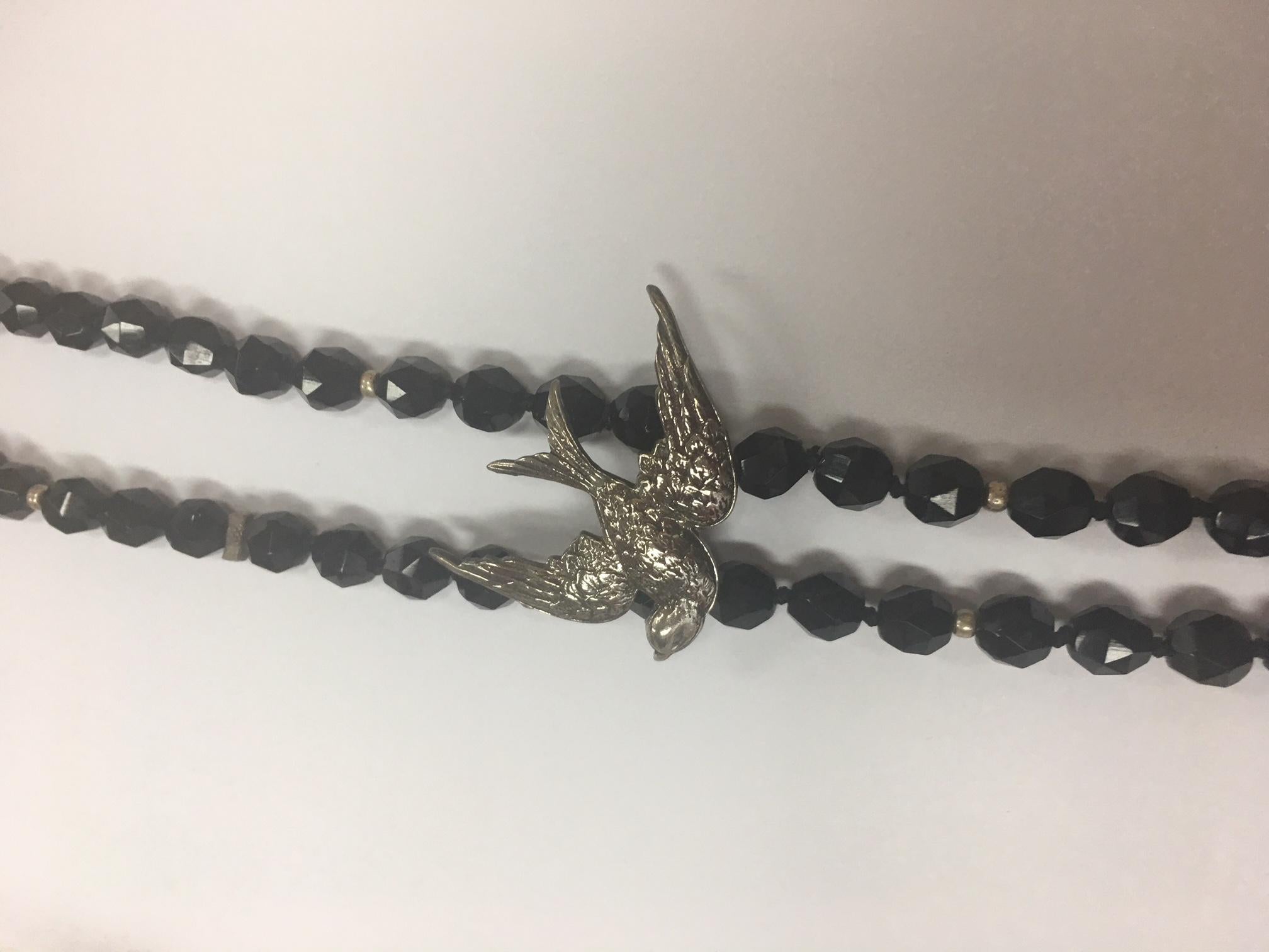 Round Cut Faceted Onyx Beads and Sterling Silver Swallow Bird Long Necklace  For Sale