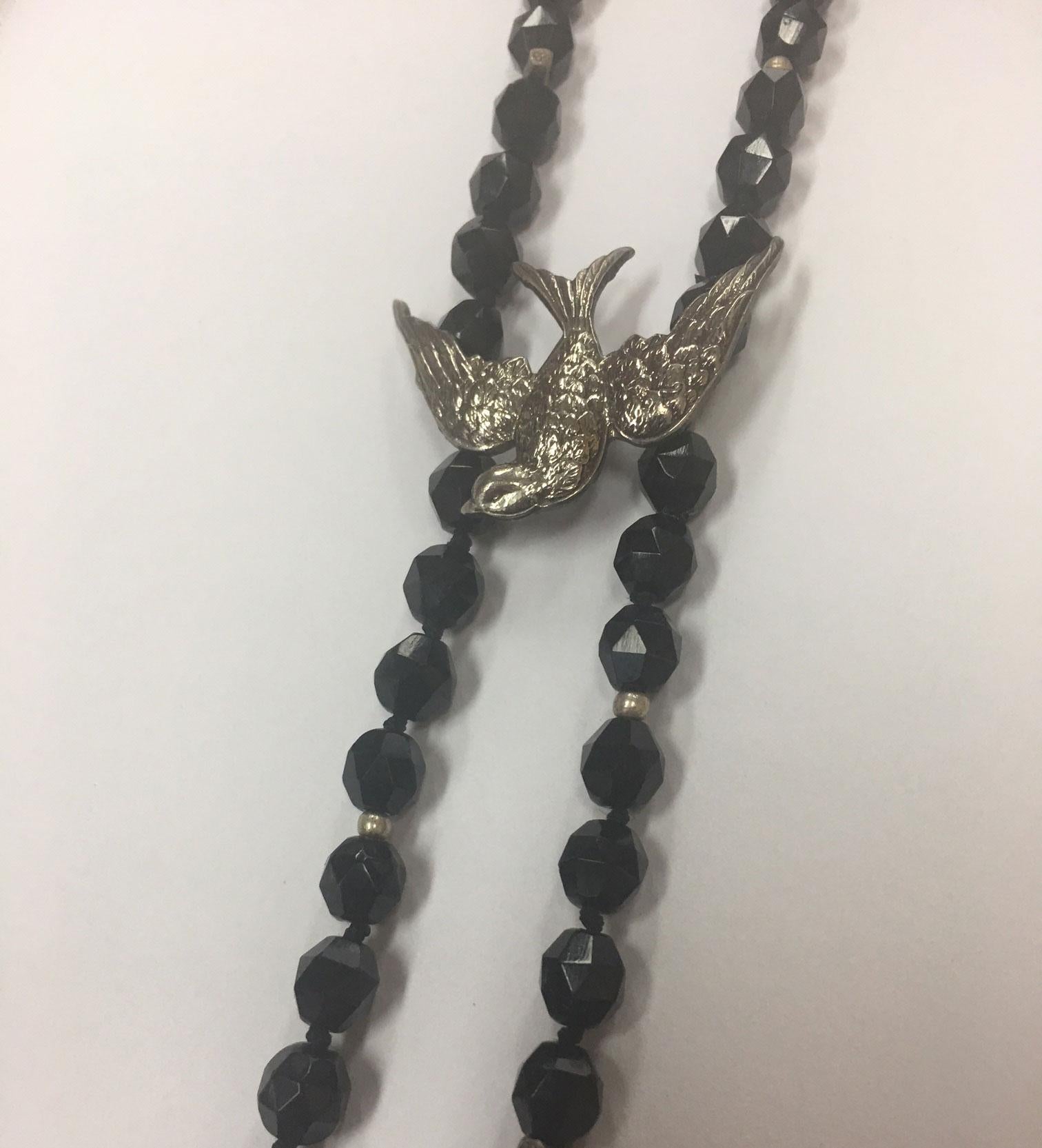 Contemporary Faceted Onyx Beads and Sterling Silver Swallow Bird Long Necklace  For Sale