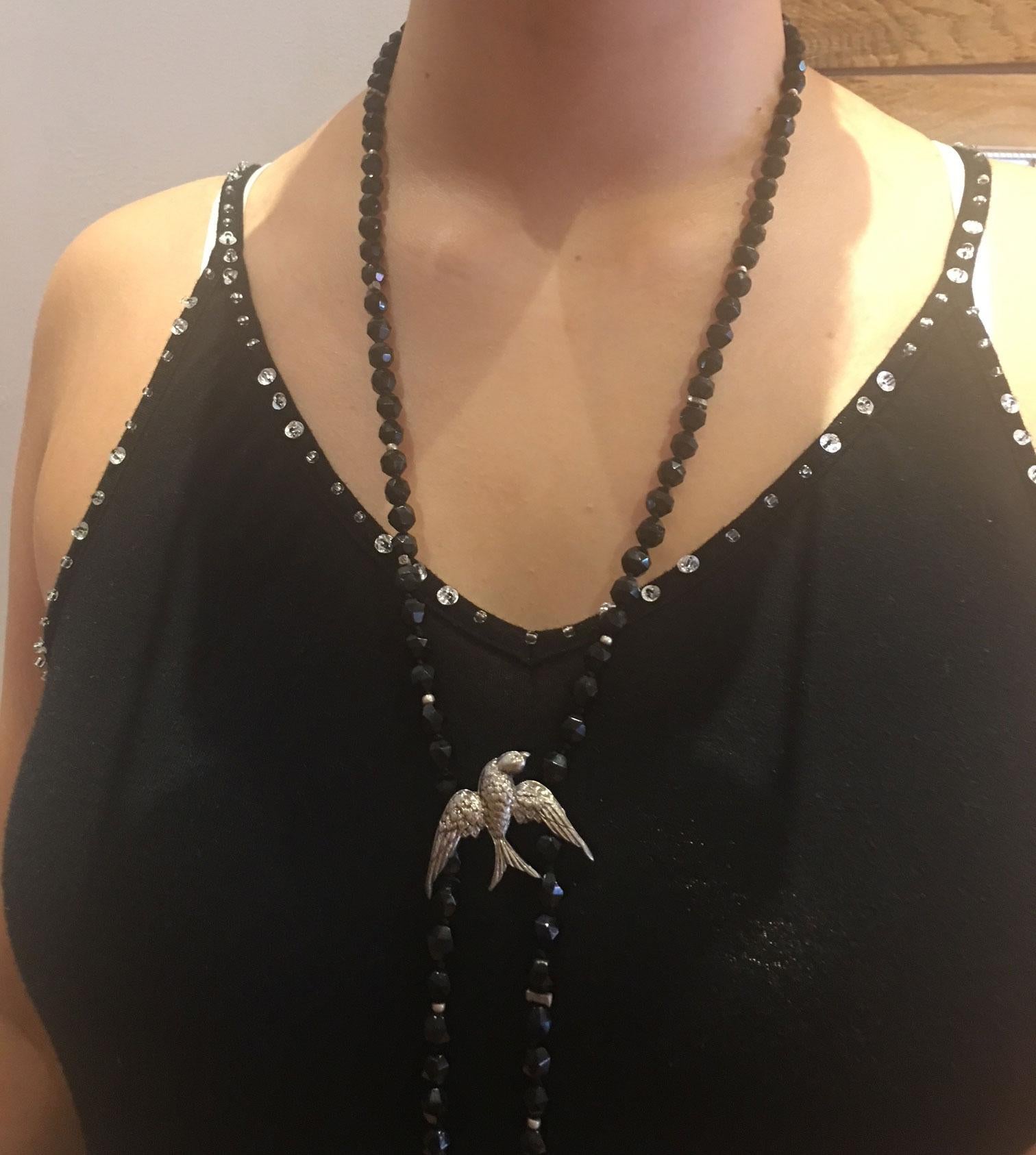 Faceted Onyx Beads and Sterling Silver Swallow Bird Long Necklace  In New Condition For Sale In Montreal, QC