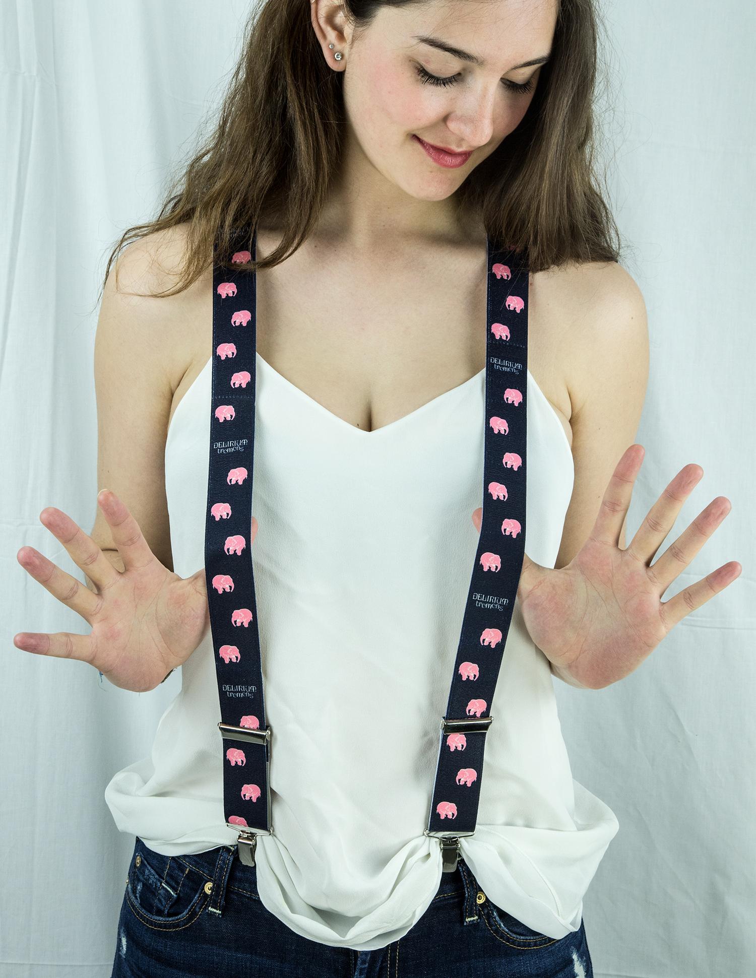 Wow! Vintage Delirium Tremens suspenders with printed Pink Elephants, silver tone head clips. Circa 1980s; One Size  
