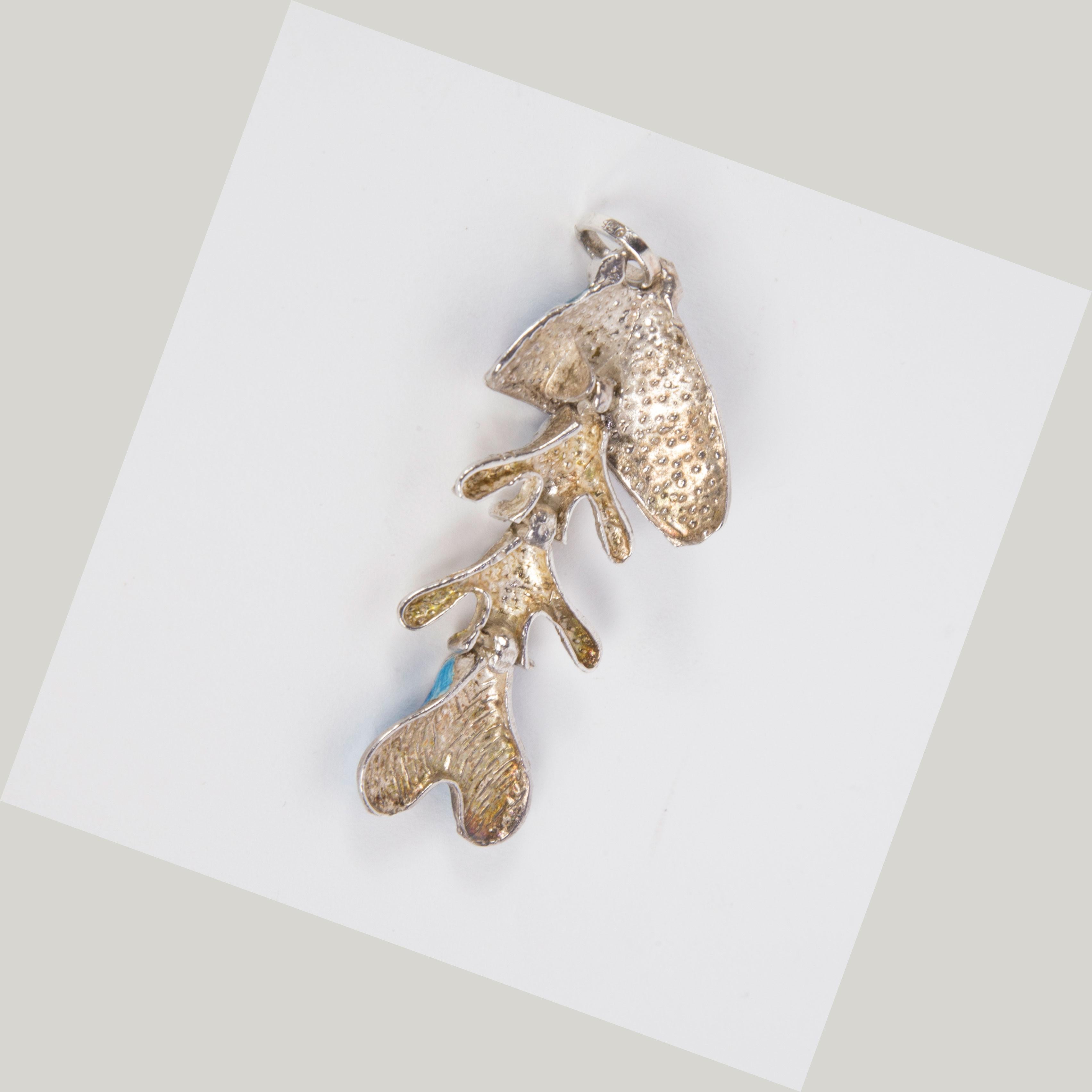 Modernist Cloisonne Enamel Sterling Silver Articulated Fish Pendant Necklace  For Sale