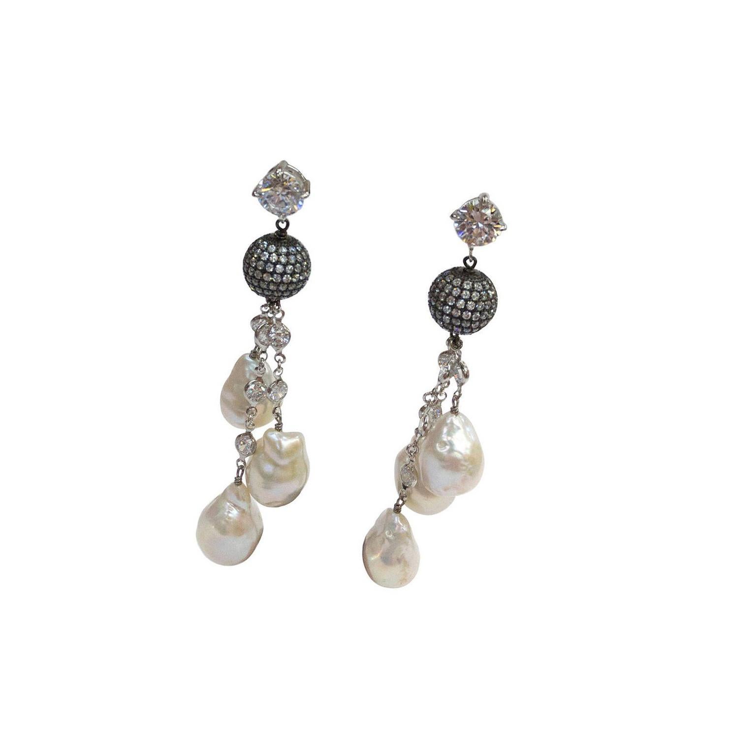 CZ Sterling Baroque Pearl Drops Triple Strand Tassel Silver Dangle Earrings
Fabulous Sterling Silver Drop Earrings with glittering CZs, suspending cascading multi strands of large Cultured Freshwater Baroque Pearls on Black Rhodium CZ chains from a