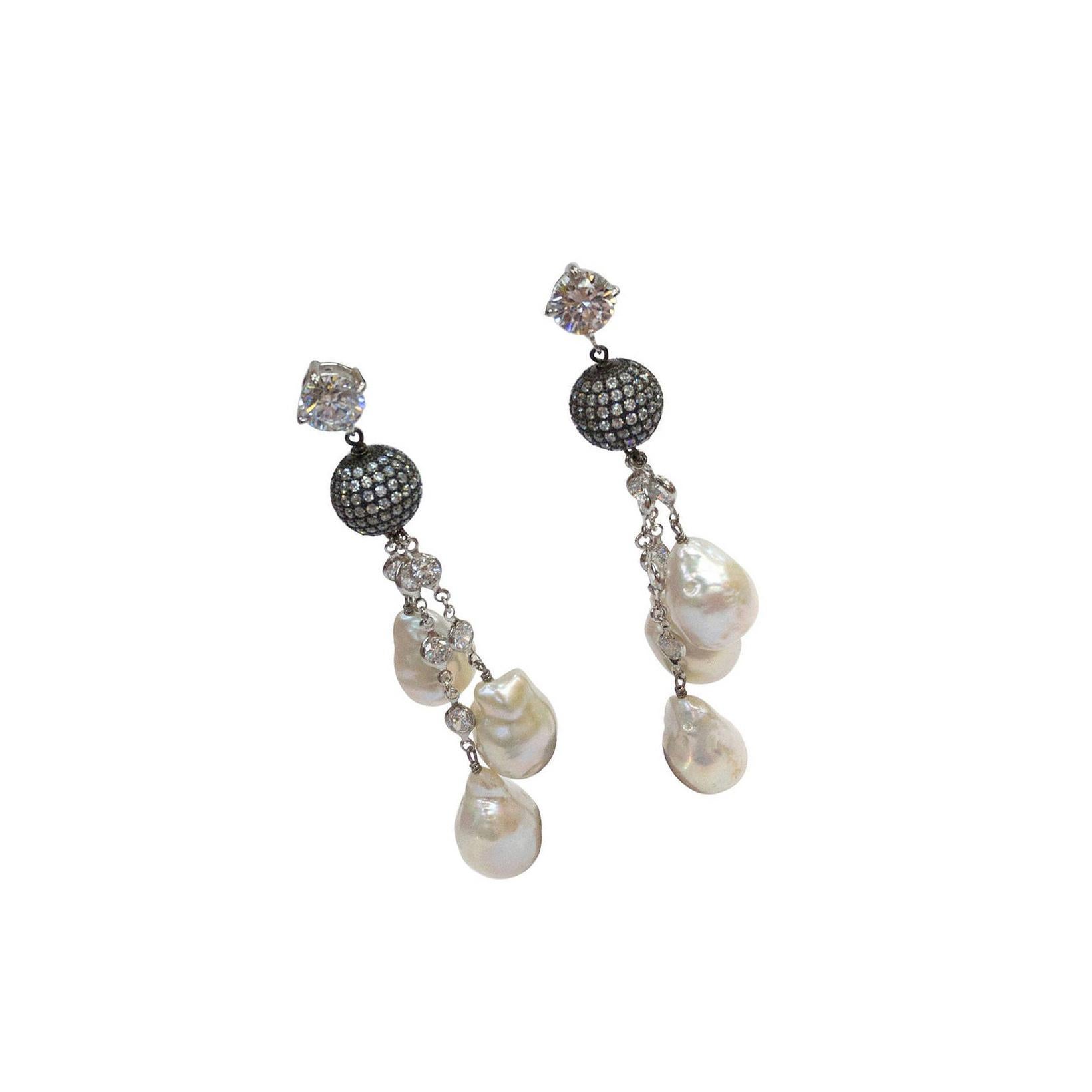 Simply Fabulous! Faux Diamond Baroque Pearl Drops Tassel Sterling Silver Dangle Earrings. Drop Earrings with glittering CZs, suspending cascading multi strands of large Cultured Freshwater Baroque Pearls on Black Rhodium Sterling Silver CZ chains