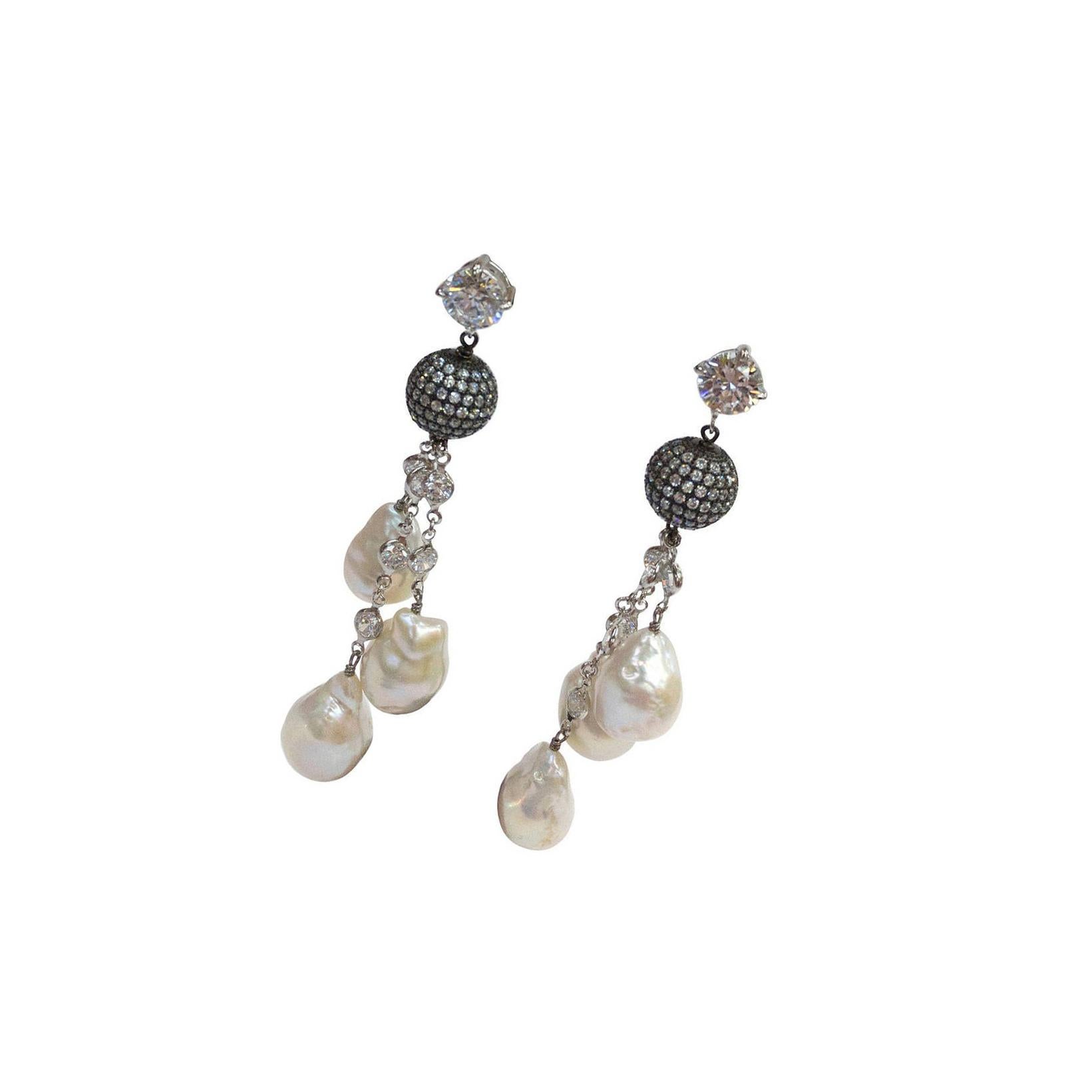 Modernist Striking CZ Sterling Baroque Pearl Drops Tassel Silver Dangle Earrings For Sale