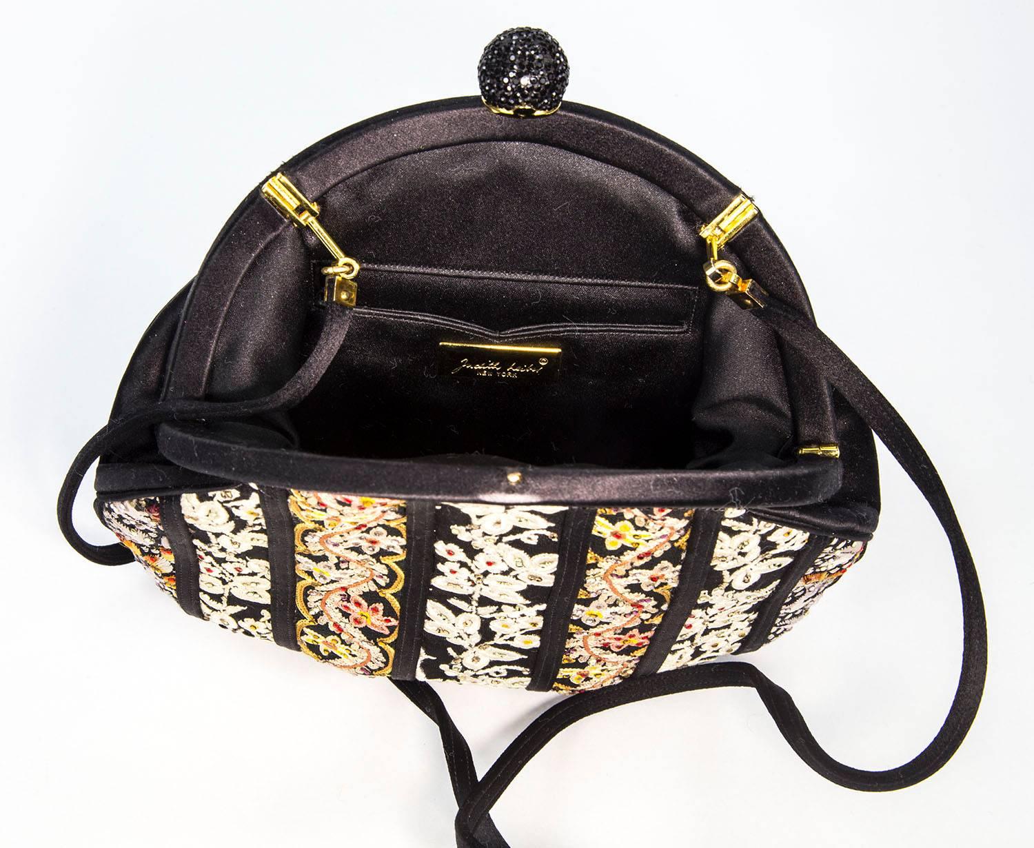 Women's Vintage Judith Leiber Antique Ribbon Black and Crystals Evening Handbag Clutch