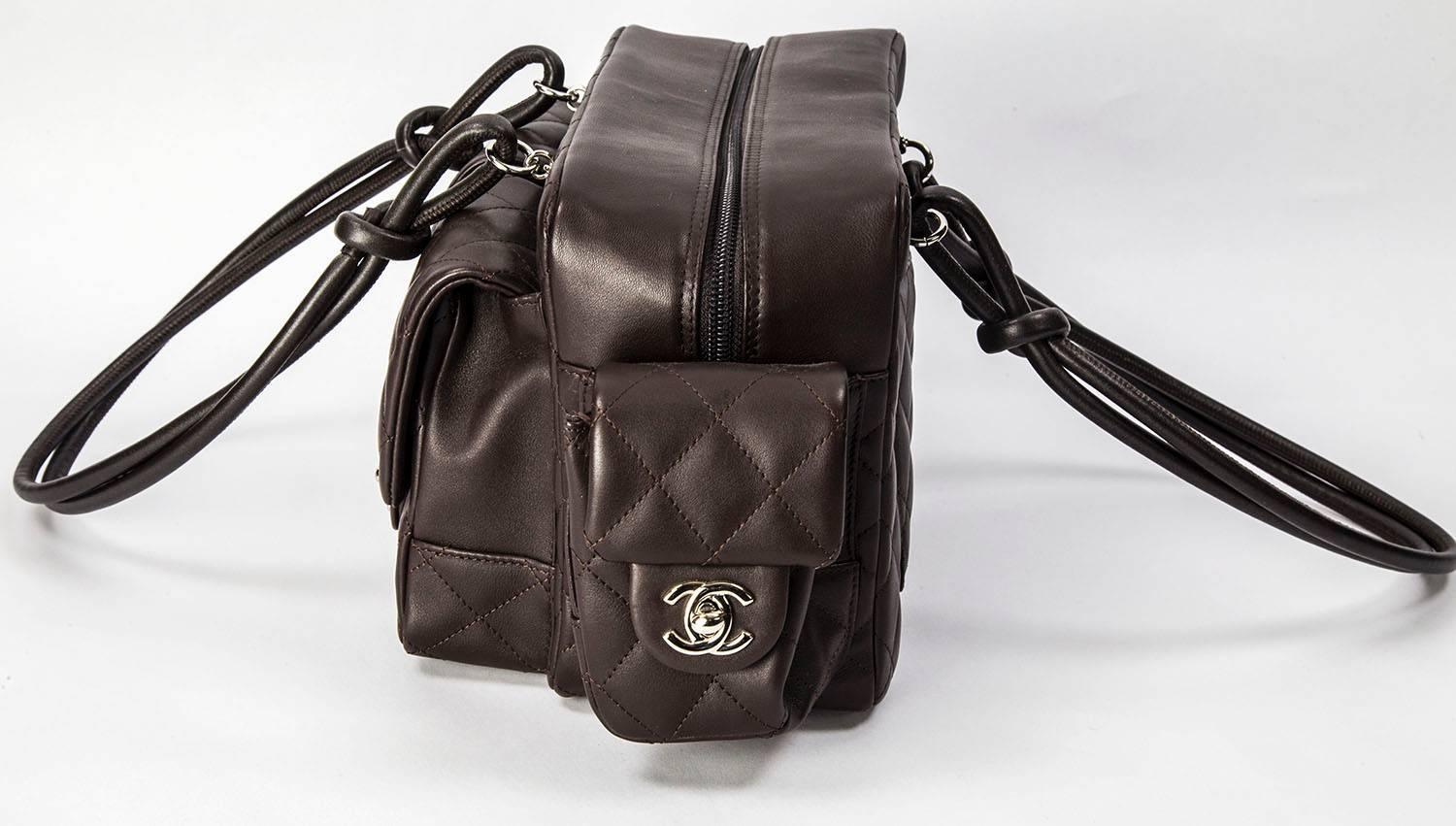 Signature Chanel Vintage Double Pocket Brown Quilted Leather Tote Handbag For Sale at 1stdibs