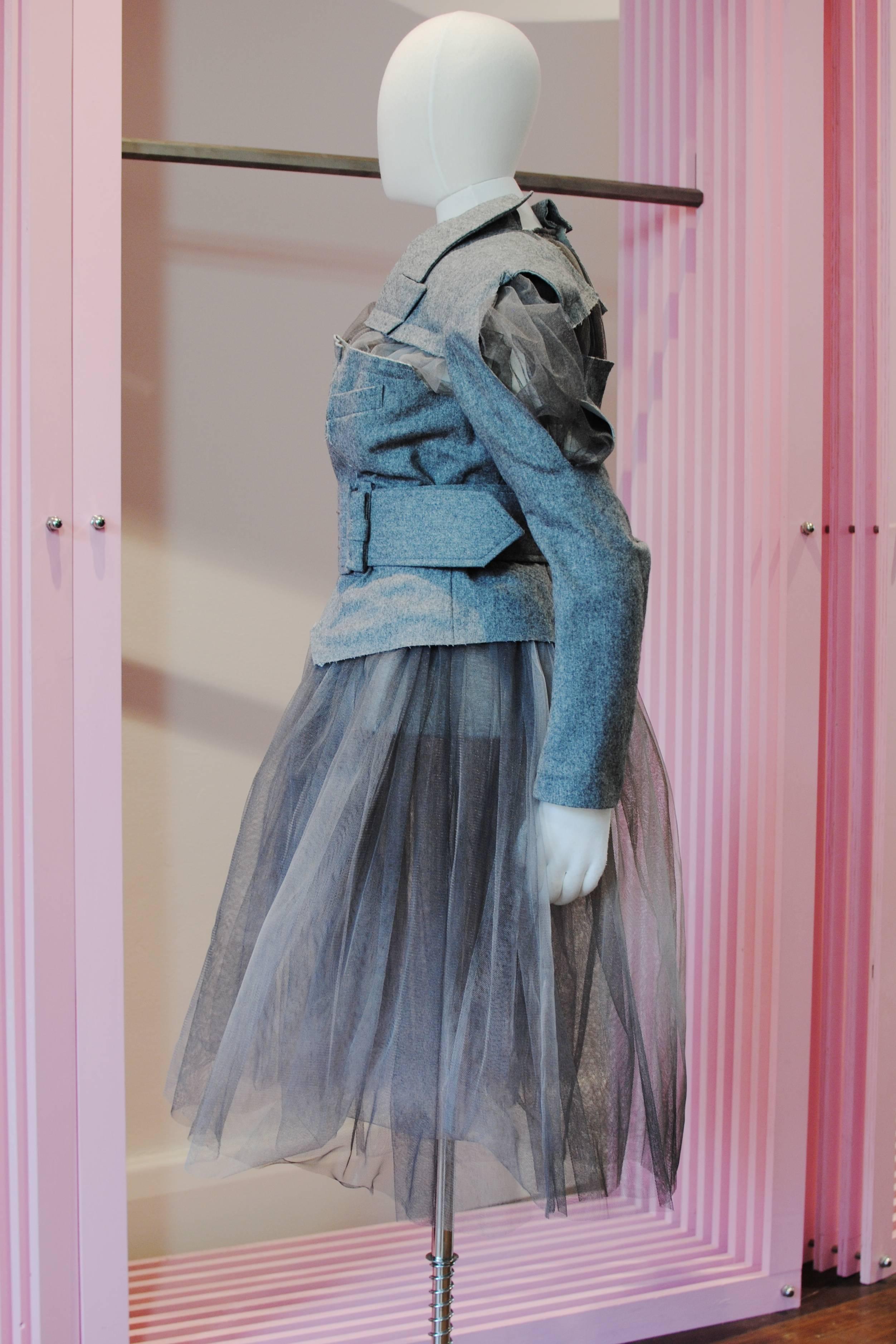 Gray 2007 COMME des GARÇONS deconstructed grey tulle jacket dress For Sale