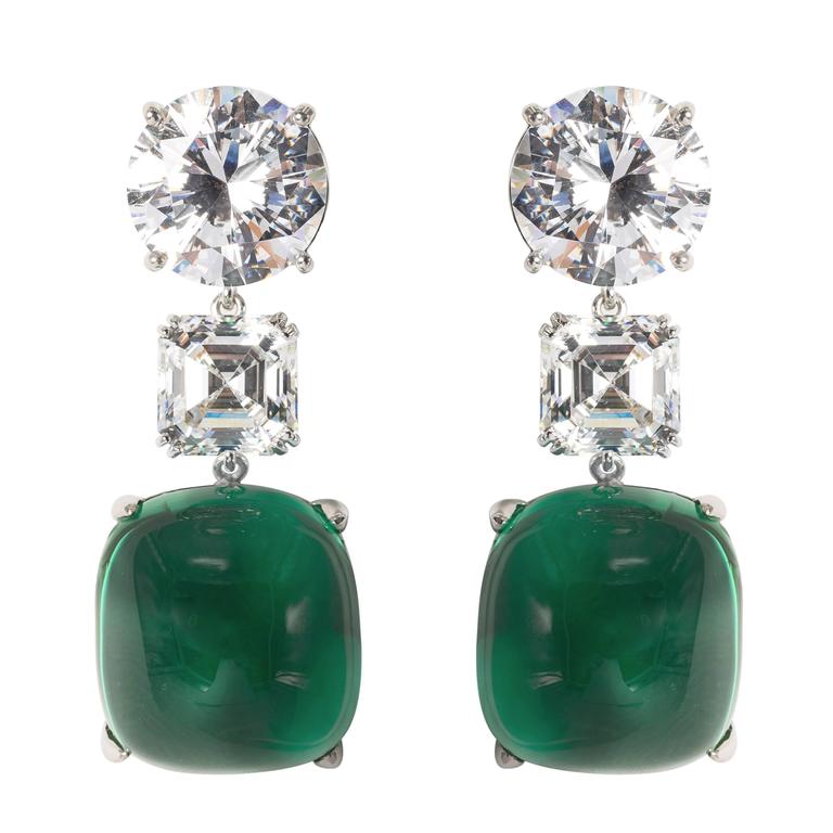 Amazing Faux Diamond Large Cabochon Emerald Earrings For Sale at