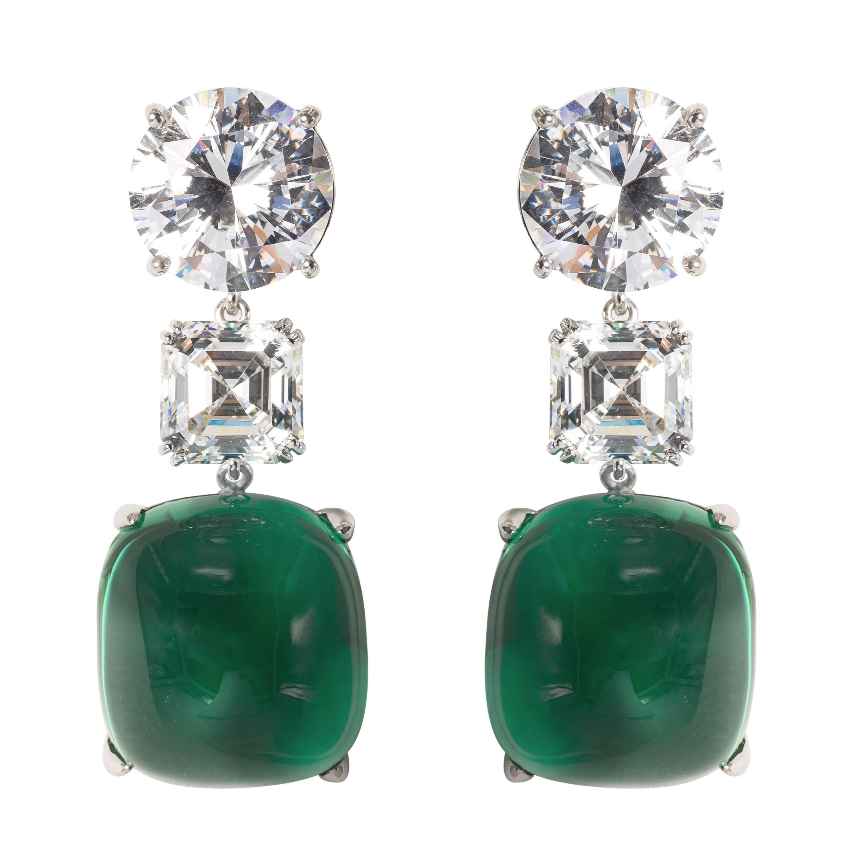 Amazing Faux Diamond Large Cabochon Emerald Earrings