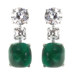 Amazing Faux Diamond Large Cabochon Emerald Earrings