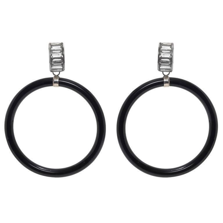 Art Deco Style Onyx Crystal Hoop Earrings