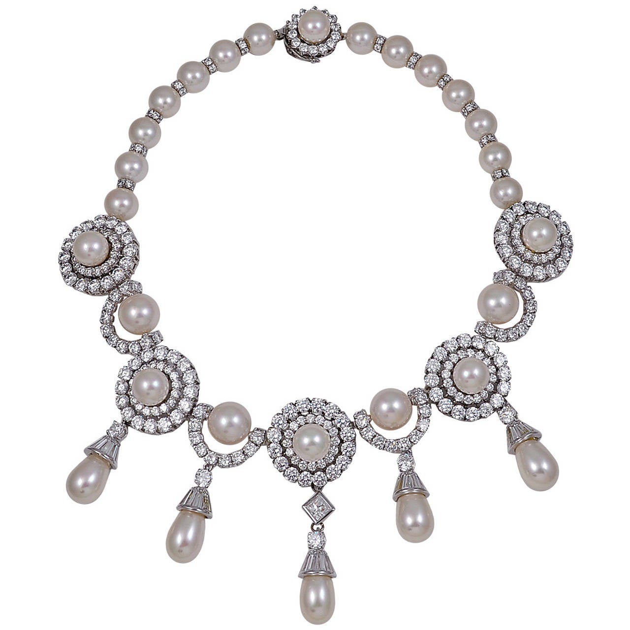 Magnificent Faux Diamond Pearl Sterling Exhibition Necklace For Sale at