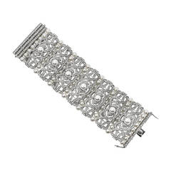 Fabulous Wide Art Deco Style Faux Diamond Pearl Sterling Bracelet 12