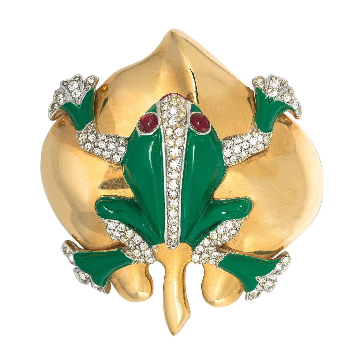 Enameled Frog on Gilt Lily Pad Brooch