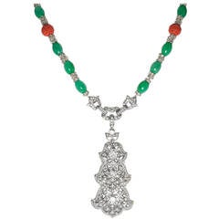 Amazing Art Deco Style Faux Diamond Jade Coral Long Necklace 12